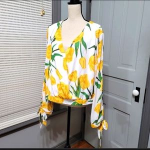 Ashley Stewart Faux Wrap Split Sleeve Crop Top in Yellow Chambray